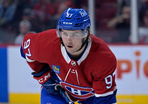 Sep 26, 2022; Montreal, Quebec, CAN; Montreal Canadiens forward Joshua Roy (97) prepares for a face-off against the New Jersey Devils during the first period at the Bell Centre. Mandatory Credit: Eric Bolte-USA TODAY Sports