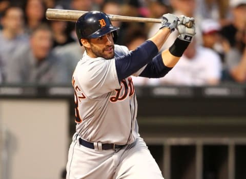 Jun 13, 2016; Chicago, IL, USA; Detroit Tigers right fielder J.D. Martinez (28) hits a double during the fourth inning against the Chicago White Sox at U.S. Cellular Field. Mandatory Credit: Caylor Arnold-USA TODAY Sports