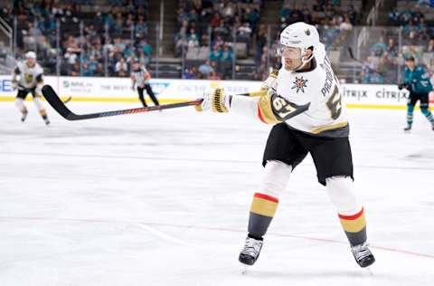 SAN JOSE, CA – SEPTEMBER 22: Vegas Golden Knights left wing Max Pacioretty (67) takes a shot during the San Jose Sharks game versus the Vegas Golden Knights on September 22, 2018, at SAP Center at San Jose in San Jose, CA. (Photo by Matt Cohen/Icon Sportswire via Getty Images)