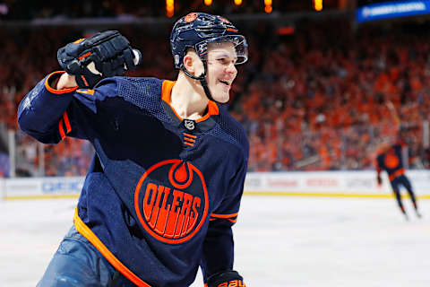 May 4, 2022; Edmonton, Alberta, CAN; The Edmonton Oilers celebrate a goal by forward Jesse Puljujarvi (13) during the third period against Los Angeles Kings in game two of the first round of the 2022 Stanley Cup Playoffs at Rogers Place. Mandatory Credit: Perry Nelson-USA TODAY Sports