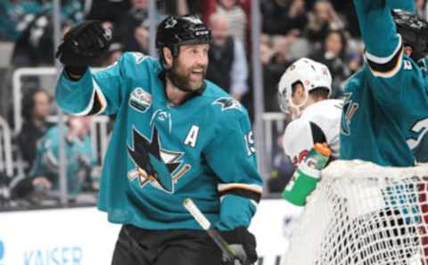 SAN JOSE, CA – JANUARY 12: Joe Thornton #19 and Timo Meier #28 of the San Jose Sharks celebrate a goal against the Ottawa Senators at SAP Center on January 12, 2018 in San Jose, California (Photo by Kavin Mistry/NHLI via Getty Images)