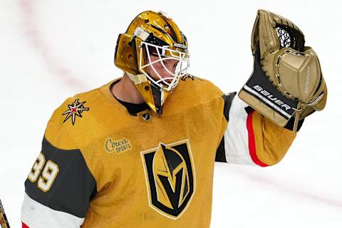 May 3, 2023; Las Vegas, Nevada, USA; Vegas Golden Knights goaltender Laurent Brossoit (39) celebrates after the Golden Knights defeated the Edmonton Oilers 6-4 in game one of the second round of the 2023 Stanley Cup Playoffs at T-Mobile Arena. Mandatory Credit: Stephen R. Sylvanie-USA TODAY Sports