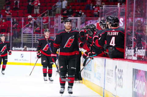 Mar 11, 2021; Raleigh, North Carolina, USA; Carolina Hurricanes defenseman Dougie Hamilton (19) celebrates his first period goal against the Nashville Predators at PNC Arena. Mandatory Credit: James Guillory-USA TODAY Sports