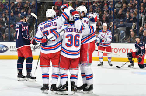 COLUMBUS, OH – JANUARY 13: Mats Zuccarello #36 of the New York Rangers celebrates his second period goal with his teammates during a game against the Columbus Blue Jackets on January 13, 2019 at Nationwide Arena in Columbus, Ohio. (Photo by Jamie Sabau/NHLI via Getty Images)