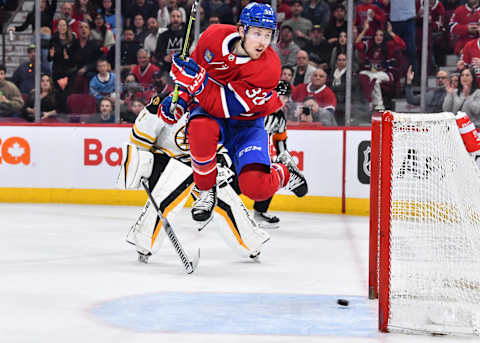 MONTREAL, CANADA – APRIL 13: Rem Pitlick #32 of the Montreal Canadiens jumps in the air as the puck enters the net during the second period against the Boston Bruins at Centre Bell on April 13, 2023 in Montreal, Quebec, Canada. (Photo by Minas Panagiotakis/Getty Images)