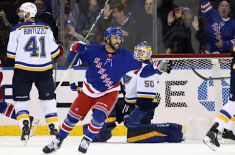 NEW YORK, NEW YORK – DECEMBER 05: Vincent Trocheck #16 of the New York Rangers celebrates a Ranger goal against the St. Louis Blues at Madison Square Garden on December 05, 2022, in New York City. The Rangers defeated the Blues 6-4. (Photo by Bruce Bennett/Getty Images)