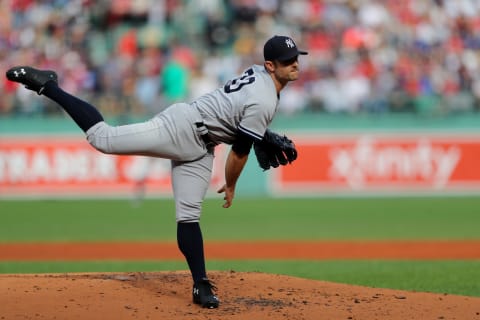 BOSTON, MA – SEPTEMBER 30: David Robbertson #30 of the New York Yankees pitches during the game against the Boston Red Sox at Fenway Park on Sunday September 30, 2018 in Boston, Massachusetts. (Photo by Alex Trautwig/MLB Photos via Getty images)