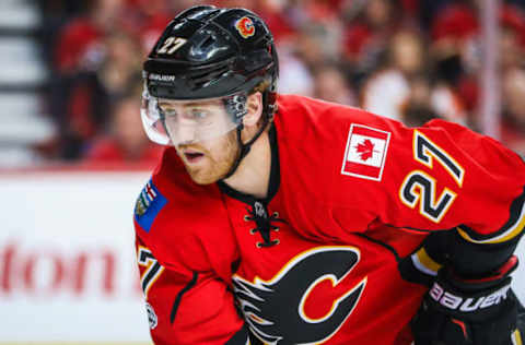 Apr 17, 2017; Calgary, Alberta, CAN; Calgary Flames defenseman Dougie Hamilton (27) during the face off against the Anaheim Ducks during the second period in game three of the first round of the 2017 Stanley Cup Playoffs at Scotiabank Saddledome. Mandatory Credit: Sergei Belski-USA TODAY Sports