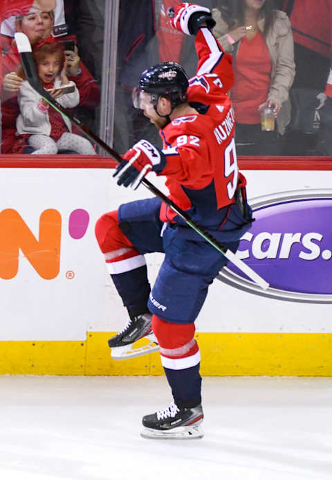 WASHINGTON, DC – APRIL 24: Washington Capitals center Evgeny Kuznetsov (92) reacts after his second period goal against the Carolina Hurricanes on April 24, 2019, at the Capital One Arena in Washington, D.C. in the first round of the Stanley Cup Playoffs. (Photo by Mark Goldman/Icon Sportswire via Getty Images)