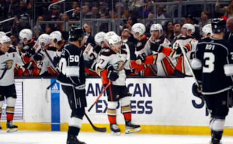 LOS ANGELES, CALIFORNIA – DECEMBER 20: Frank Vatrano #77 of the Anaheim Ducks celebrates a goal against the Los Angeles Kings in the second period at Crypto.com Arena on December 20, 2022, in Los Angeles, California. (Photo by Ronald Martinez/Getty Images)