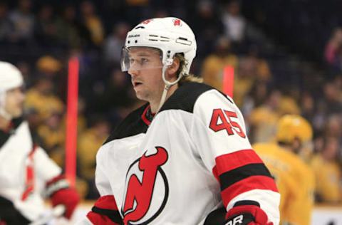 NASHVILLE, TN – DECEMBER 15: New Jersey Devils defenseman Sami Vatanen (45) is shown prior to the NHL game between the Nashville Predators and New Jersey Devils, held on December 15, 2018, at Bridgestone Arena in Nashville, Tennessee. (Photo by Danny Murphy/Icon Sportswire via Getty Images)