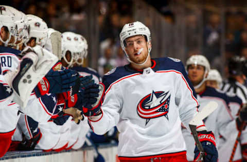 TORONTO, ON – NOVEMBER 19: Pierre-Luc Dubois #18 of the Columbus Blue Jackets celebrates his goal during the first period against the Toronto Maple Leafs at the Scotiabank Arena on November 19, 2018 in Toronto, Ontario, Canada. (Photo by Mark Blinch/NHLI via Getty Images)