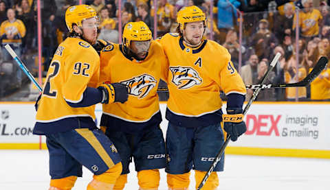 NASHVILLE, TN – FEBRUARY 12: P.K. Subban #76 celebrates his goal with Filip Forsberg #9 and Ryan Johansen #92 of the Nashville Predators against the Detroit Red Wings at Bridgestone Arena on February 12, 2019 in Nashville, Tennessee. (Photo by John Russell/NHLI via Getty Images)