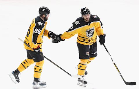 LOS ANGELES, CA – JANUARY 29: Nikita Kucherov #86 of the Tampa Bay Lightning celerbates with Vincent Trocheck #21 of the Florida Panthers during the Metropolitan Division and Atlantic Division match-up of the 2017 Honda NHL All-Star Game at Staples Center on January 29, 2017 in Los Angeles, California. Hall scored on the play. (Photo by Dave Sandford/NHLI via Getty Images)