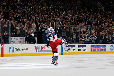 Dec 31, 2019; Columbus, Ohio, USA; Columbus Blue Jackets goalie Elvis Merzlikins (90) salutes the crowd after the game against the Florida Panthers at Nationwide Arena. Mandatory Credit: Russell LaBounty-USA TODAY Sports