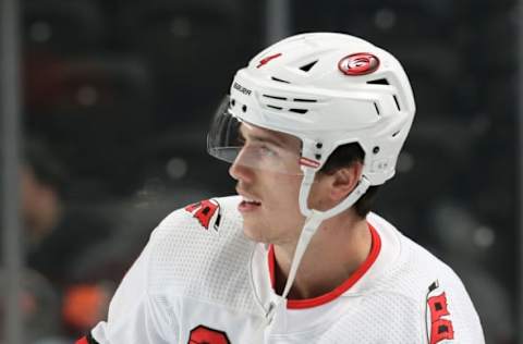 PHILADELPHIA, PA – NOVEMBER 05: Haydn Fleury #4 of the Carolina Hurricanes warms up against the Philadelphia Flyers on November 5, 2019 at the Wells Fargo Center in Philadelphia, Pennsylvania. (Photo by Len Redkoles/NHLI via Getty Images)