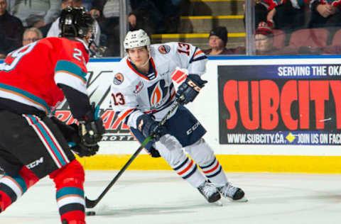 KELOWNA, BC – NOVEMBER 16: Matthew Seminoff #13 of the Kamloops Blazers skates with the puck against the Kelowna Rockets at Prospera Place on November 16, 2019 in Kelowna, Canada. (Photo by Marissa Baecker/Getty Images)