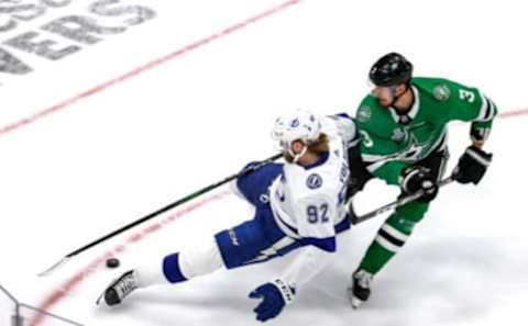 EDMONTON, ALBERTA – SEPTEMBER 28: Alexander Volkov #92 of the Tampa Bay Lightning battles for the puck with John Klingberg #3 of the Dallas Stars during the first period in Game Six of the 2020 NHL Stanley Cup Final at Rogers Place on September 28, 2020 in Edmonton, Alberta, Canada. (Photo by Bruce Bennett/Getty Images)