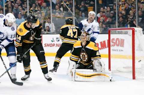 BOSTON, MA – NOVEMBER 29: Tampa Bay’s first goal eludes Boston Bruins goalie Tuukka Rask (40) during a game between the Boston Bruins and the Tampa Bay Lightning on November 29, 2017, at TD Garden in Boston, Massachusetts. The Bruins defeated the Lightning 3-2. (Photo by Fred Kfoury III/Icon Sportswire via Getty Images)