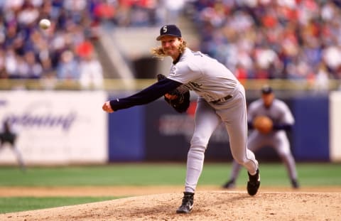 MILWAUKEE – 1993: Randy Johnson of the Seattle Mariners pitches during an MLB game against the Milwaukee Brewers at County Stadium in Milwaukee, Wisconsin during the 1993 season. (Photo by Ron Vesely/MLB Photos via Getty Images)