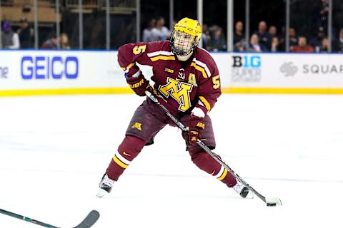 NEW YORK, NY – JANUARY 20: Minnesota Golden Gophers defenseman Ryan Lindgren (5) skates during the third period of the Big Ten Super Saturday College Ice Hockey Game between the Minnesota Golden Gophers and the Michigan State Spartans on January 20, 2018, at Madison Square Garden in New York City, NY. (Photo by Rich Graessle/Icon Sportswire via Getty Images)