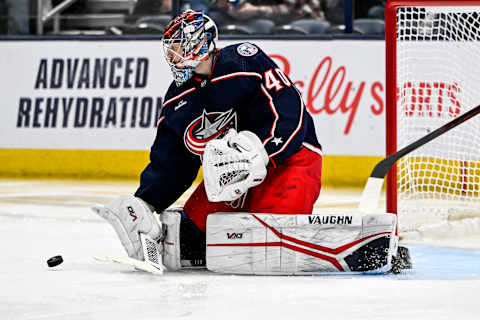 Dec 19, 2022; Columbus, Ohio, USA; Columbus Blue Jackets goaltender Daniil Tarasov (40) makes a save in the second period against the Dallas Stars at Nationwide Arena. Mandatory Credit: Gaelen Morse-USA TODAY Sports