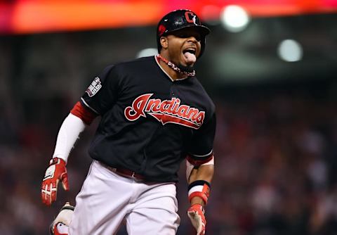 Nov 2, 2016; Cleveland, OH, USA; Cleveland Indians center fielder Rajai Davis (20) celebrates after hitting a two-run home run against the Chicago Cubs in the 8th inning in game seven of the 2016 World Series at Progressive Field. Mandatory Credit: Ken Blaze-USA TODAY Sports