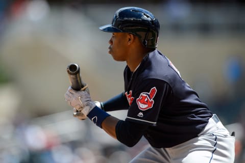 MINNEAPOLIS, MN – JUNE 03: Greg Alllen #1 of the Cleveland Indians shows bunt as he takes an at bat against the Minnesota Twins during the game on June 3, 2018 at Target Field in Minneapolis, Minnesota. The Twins defeated the Indians 7-5. (Photo by Hannah Foslien/Getty Images)