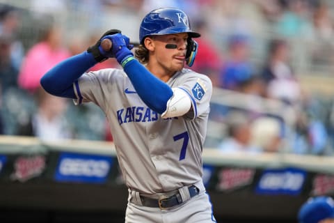 MINNEAPOLIS, MN – SEPTEMBER 13: Bobby Witt Jr. #7 of the Kansas City Royals looks on against the Minnesota Twins on September 13, 2022 at Target Field in Minneapolis, Minnesota. (Photo by Brace Hemmelgarn/Minnesota Twins/Getty Images)