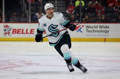 DETROIT, MICHIGAN – DECEMBER 01: Carson Soucy #28 of the Seattle Kraken skates against the Detroit Red Wings at Little Caesars Arena on December 01, 2021 in Detroit, Michigan. (Photo by Gregory Shamus/Getty Images)