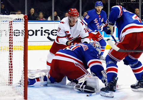 NEW YORK, NEW YORK – NOVEMBER 02: Igor Shesterkin #31 of the New York Rangers stops Andrei Svechnikov #37 of the Carolina Hurricanes during the third period at Madison Square Garden on November 02, 2023 in New York City. The Rangers defeated the Hurricanes 2-1. (Photo by Bruce Bennett/Getty Images)