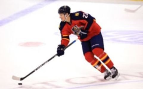 Apr 9, 2016; Sunrise, FL, USA; Florida Panthers center Nick Bjugstad (27) skates with the puck in the first period of a game against the Carolina Hurricanes at BB&T Center. Mandatory Credit: Robert Mayer-USA TODAY Sports