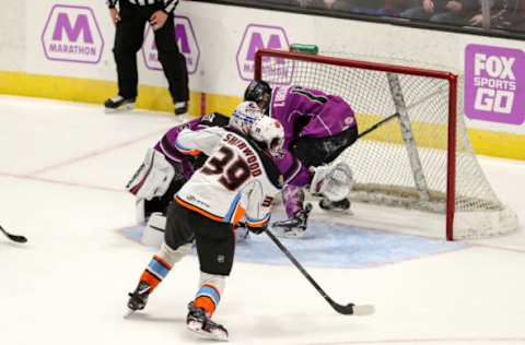 CLEVELAND, OH: The net is open as San Diego Gulls center Kiefer Sherwood (39) prepares to shoot the puck for the game-winning OT goal of the game between the San Diego Gulls and Cleveland Monsters on March 24, 2018. (Photo by Frank Jansky/Icon Sportswire via Getty Images)