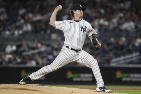 Sep 7, 2022; Bronx, New York, USA; New York Yankees starting pitcher Gerrit Cole (45) pitches in the first inning against the Minnesota Twins at Yankee Stadium. Mandatory Credit: Wendell Cruz-USA TODAY Sports