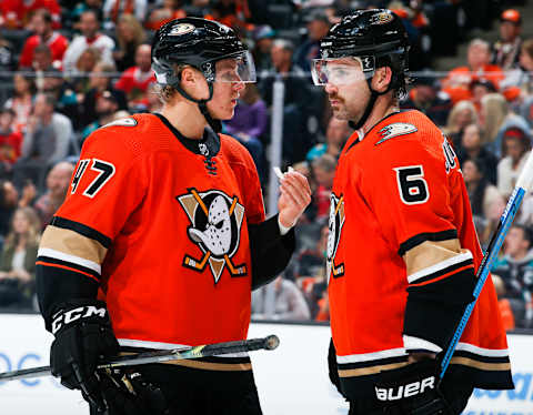 ANAHEIM, CA – NOVEMBER 03: Hampus Lindholm #47 and Erik Gudbranson #6 of the Anaheim Ducks talk during the second period of the game against the Chicago Blackhawks at Honda Center on November 3, 2019, in Anaheim, California. (Photo by Debora Robinson/NHLI via Getty Images)