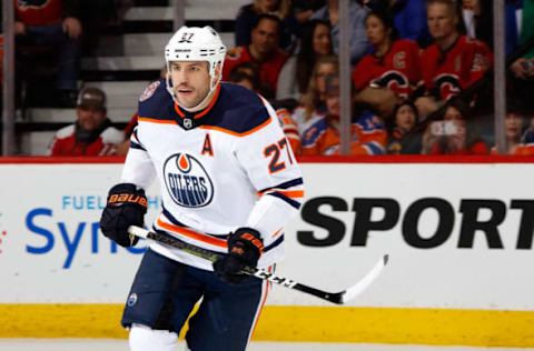 CALGARY, AB – NOVEMBER 17: Milan Lucic #27 of the Edmonton Oilers skates against the Calgary Flames during an NHL game on November 17, 2018 at the Scotiabank Saddledome in Calgary, Alberta, Canada. (Photo by Gerry Thomas/NHLI via Getty Images)