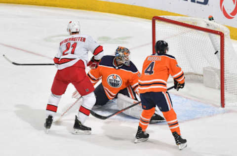 EDMONTON, AB – DECEMBER 10: Mikko Koskinen #19 of the Edmonton Oilers looks back as the puck goes past him during the game against the Carolina Hurricanes on December 10, 2019, at Rogers Place in Edmonton, Alberta, Canada. (Photo by Andy Devlin/NHLI via Getty Images)