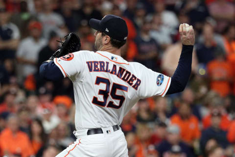 HOUSTON, TX – OCTOBER 18: Justin Verlander #35 of the Houston Astros pitches in the first inning during Game 5 of the ALCS against the Boston Red Sox at Minute Maid Park on Thursday, October 18, 2018 in Houston, Texas. (Photo by Loren Elliott/MLB Photos via Getty Images)