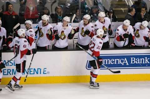 NHL Power Rankings: Ottawa Senators center Chris Kelly (22) celebrates scoring against the San Jose Sharks in the third period at SAP Center at San Jose. The Senators won 4-2. Mandatory Credit: John Hefti-USA TODAY Sports