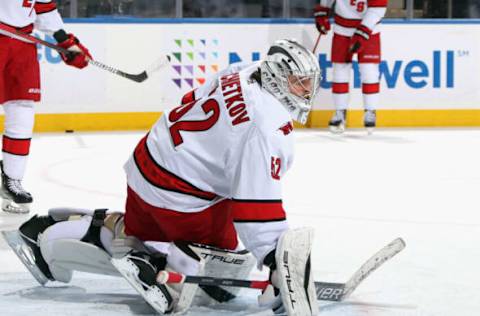 ELMONT, NEW YORK – APRIL 24: Pyotr Kochetkov #52 of the Carolina Hurricanes skates in warm-ups prior to the game against the New York Islanders at the UBS Arena on April 24, 2022, in Elmont, New York. (Photo by Bruce Bennett/Getty Images)