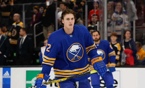 BOSTON, MA – DECEMBER 31: Tage Thompson #72 of the Buffalo Sabres skates in warm-ups before the game against the Boston Bruins at the TD Garden on December 31, 2022, in Boston, Massachusetts. (Photo by Rich Gagnon/Getty Images)