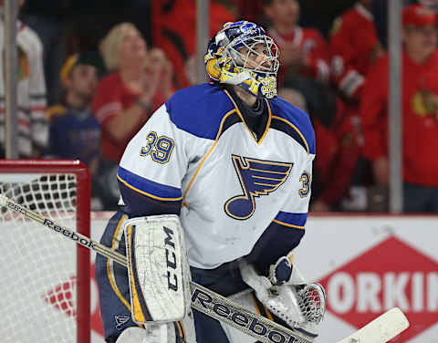 CHICAGO, IL – APRIL 27: Ryan Miller #39 of the St. Louis Blues looks up at thr replay board after giving up a third period goal to the Chicago Blackhawks in Game Six of the First Round of the 2014 NHL Stanley Cup Playoffs at the United Center on April 27, 2014 in Chicago, Illinois. The Blackhawks defeated the Blues 5-1 to win the series four games to two. (Photo by Jonathan Daniel/Getty Images)