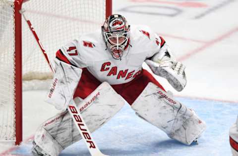 ANAHEIM, CA – OCTOBER 18: Carolina Hurricanes goalie James Reimer (47) in action during the third period of a game against the Anaheim Ducks played on October 18, 2019 at the Honda Center in Anaheim, CA. (Photo by John Cordes/Icon Sportswire via Getty Images)