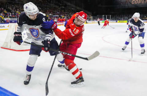 COPENHAGEN, DENMARK – MAY 4, 2018: France’s Hugo Gallet, Russia’s Pavel Datsyuk, and France’s Alexandre Texier (L-R) fight for the puck in their 2018 IIHF Ice Hockey World Championship Group A Preliminary Round match at Royal Arena. Alexander Demianchuk/TASS (Photo by Alexander DemianchukTASS via Getty Images)