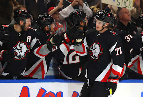 Apr 13, 2023; Buffalo, New York, USA; Buffalo Sabres center Tage Thompson (72) celebrates his goal with teammates during the third period against the Ottawa Senators at KeyBank Center. Mandatory Credit: Timothy T. Ludwig-USA TODAY Sports