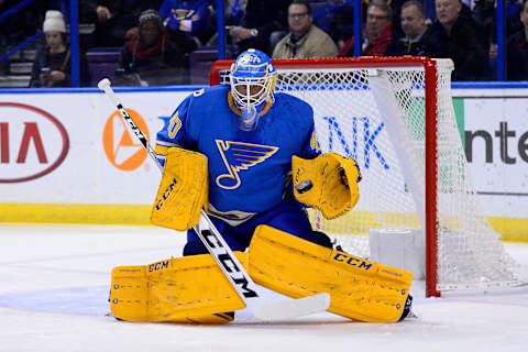 Mar 11, 2017; St. Louis, MO, USA; St. Louis Blues goalie Carter Hutton (40) defends the net against the New York Islanders during the first period at Scottrade Center. Mandatory Credit: Jeff Curry-USA TODAY Sports