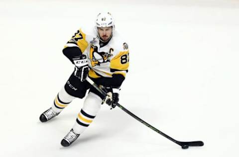 Jun 11, 2017; Nashville, TN, USA; Pittsburgh Penguins center Sidney Crosby (87) skates with the puck against the Nashville Predators during the third period in game six of the 2017 Stanley Cup Final at Bridgestone Arena. Mandatory Credit: Aaron Doster-USA TODAY Sports