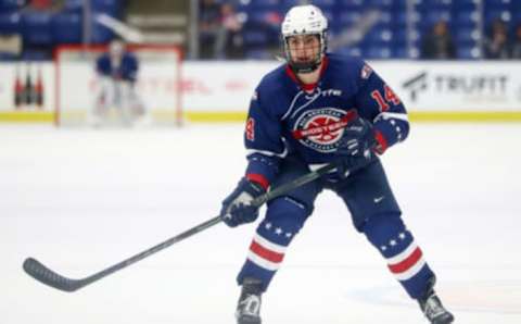 PLYMOUTH, MICHIGAN – JANUARY 17: Frank Nazar III #14 of Team Blue skates up the ice in the first period at USA Hockey Arena on January 17, 2022 in Plymouth, Michigan. (Photo by Mike Mulholland/Getty Images)