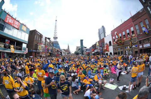 Jun 11, 2017; Nashville, TN, USA; A general view of hockey fans along Broadway before game six of the 2017 Stanley Cup Final between the Pittsburgh Penguins and the Nashville Predators at Bridgestone Arena. Mandatory Credit: Christopher Hanewinckel-USA TODAY Sports