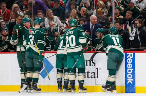 NHL Power Rankings: Minnesota Wild head coach Bruce Boudreau talks during a timeout in the second period against the Columbus Blue Jackets at Xcel Energy Center. Mandatory Credit: Brad Rempel-USA TODAY Sports